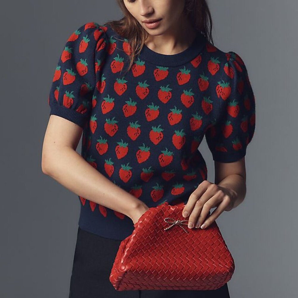 Anthropologie Maxine Puff-Sleeve Sweater Tee Strawberry NWT